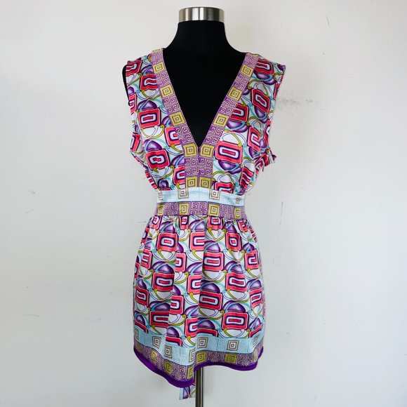 Nicole by Nicole Miller Greek Abstract Print V-Neck Tie Back Blouse 14 - Picture 1 of 7